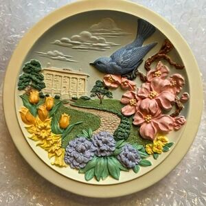 Avon South in Blossom Sculptured Plaque Tom OBrien Bluebird Floral 1994 Vintage